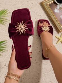 New Women's Popular Summer Fashion Minimalist Solid Color Suede With Metal Sunflower Decoration Slip-On Square Toe Flat Red Sandals - Red - View 1