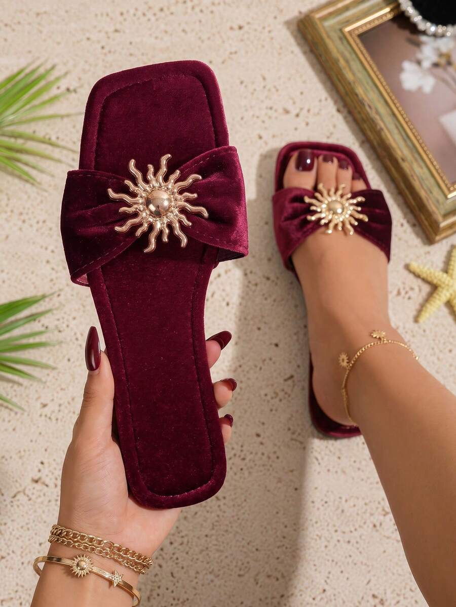 New Women's Popular Summer Fashion Minimalist Solid Color Suede With Metal Sunflower Decoration Slip-On Square Toe Flat Red Sandals - Red - View 1