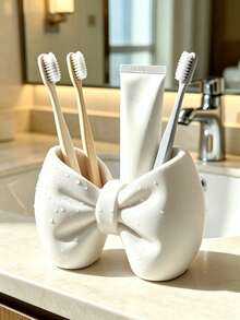 Mini Cream Bow Creative Fun Toothbrush Holder, Toothbrush Cup, Desktop Storage Rack, Can Hold Toothbrush, Toothpaste, Flower Pot, Vase, Vanity Decor, Bathroom Supplies. Cozy Home Bathroom Decor Autumn Decor Back To School Season - Multicolor - View 1