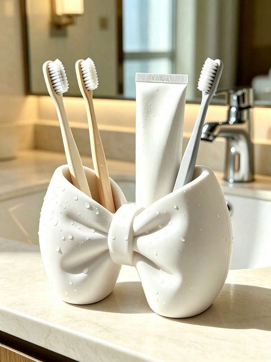 Mini Cream Bow Creative Fun Toothbrush Holder, Toothbrush Cup, Desktop Storage Rack, Can Hold Toothbrush, Toothpaste, Flower Pot, Vase, Vanity Decor, Bathroom Supplies. Cozy Home Bathroom Decor Autumn Decor Back To School Season - Multicolor - View 1