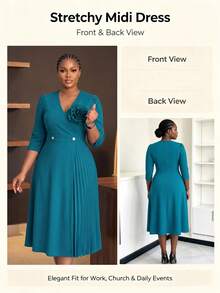 NOU Women's Mid-Length Dress, Basic V-Neck With Puffed Shoulders And 3/4 Sleeves, Large 3D Floral Decor On Chest With Pleated Design, Cinched Waist With Pearl Button Detail, Visual Slimming Effect, A-Line Skirt, Elastic Fabric For Comfortable And Unrestricted Fit, Versatile Basic Style, Suitable For Work, Commute, Office And Daily Wear - Teal Blue - View 7