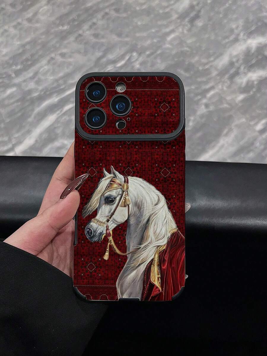 1pc New Vintage Red Plaid & White Horse Pattern Phone Case, Faux Leather Texture, Shockproof Protective Soft Shell For IPhone 17/17Pro/17ProMax/16/16Pro/16ProMax/16Plus/15/15Plus/15Pro/15ProMax/14/14Plus/14Pro/14ProMax/13/13Pro/13ProMax/12/12Pro/12ProMax/11/11ProMax - Multicolor - View 1