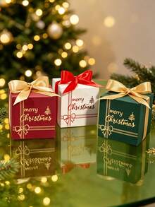 5 hộp quà Noel bọc sẵn hình vuông tối giản với họa tiết ruy băng chéo và thông điệp ngày lễ viết tay, giá đỡ quà mini lắp nhanh cho trao đổi văn phòng, tiệc tối mùa đông, họp mặt gia đình và bàn tiệc lễ hội - 8X8X8cm - Xem 2