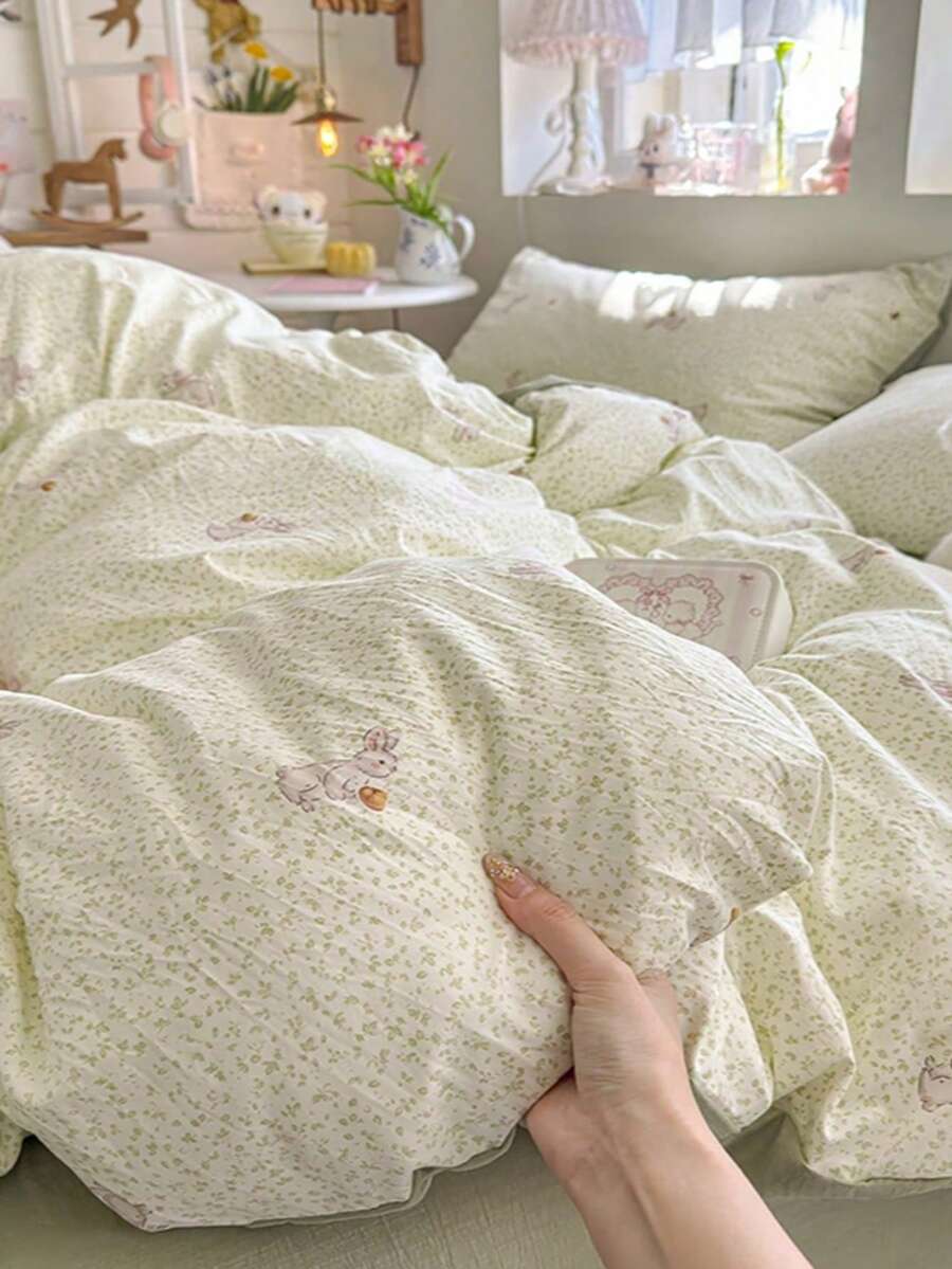 3件套100%涤纶花卉图案轻薄被套套装，2个枕套+1个被套（不含床单）