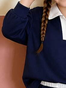 Young Girl Cartoon Print White Collar Pullover Warm Sweatshirt And Pants Set - Royal Blue - View 5