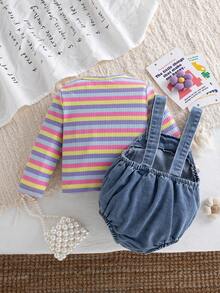 Autumn/Winter Baby Girl Cute Macaron Colorful Striped Bodysuit & Playful Floral Denim Overall Triangle Romper Outfit For Outings And Photos - Multicolor - View 3