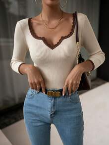 SEREN Contrast Binding Sweetheart Neck Sweater, Long Sleeve Tops Knit Pullover Fall Winter Outfit - Light-flowered Apricot - View 9