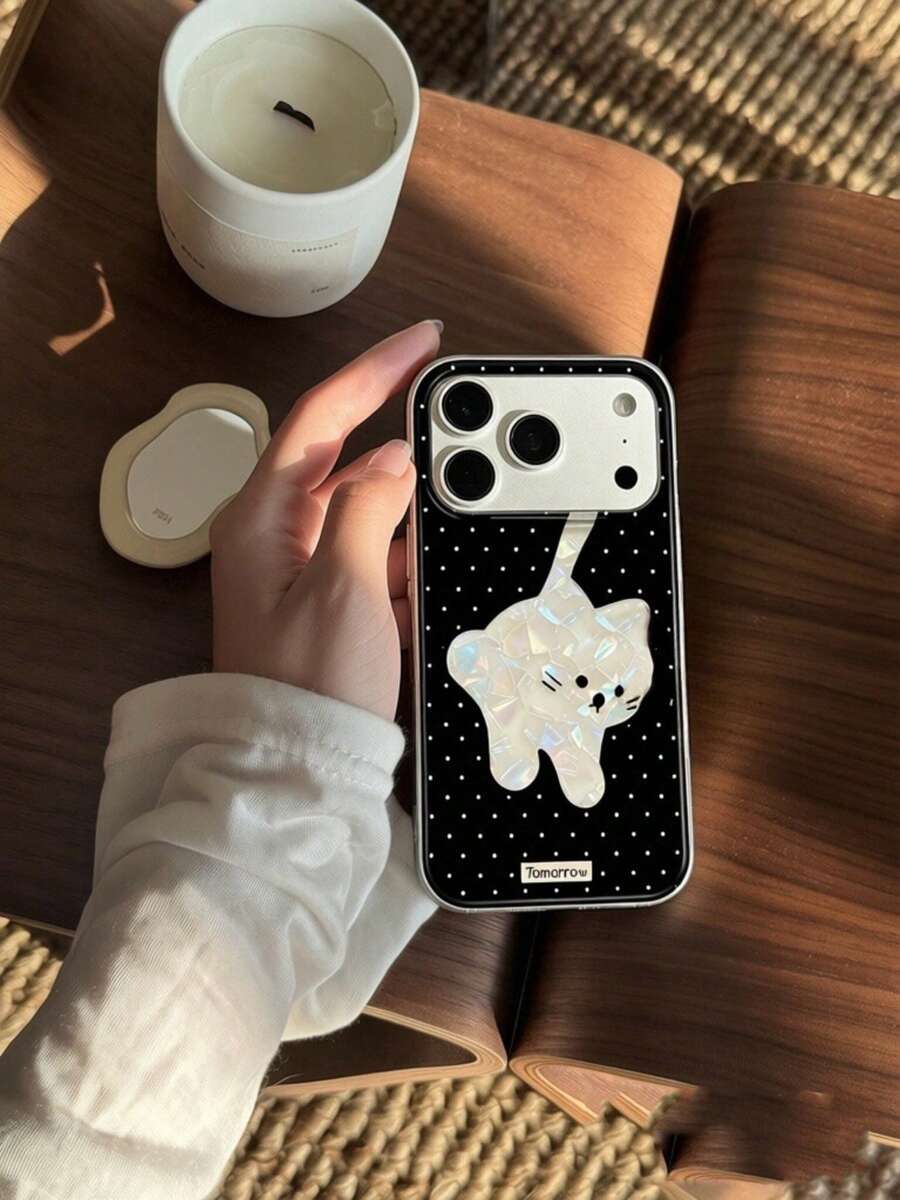 1pc Black Background White Polka Dot Holographic Shell Melting Cat Cartoon Pattern Metal Frame Glossy Anti-Fall Soft Case Full Lens Protection Phone Cover Suitable For 11/12/13/14/15/16/17/18 Korean Cute Ins Style Full Protection Case - Multicolor - View 1