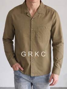 GRKC 男士領長袖梭織寬鬆休閒鈕扣襯衫，秋冬款 - 駝色 - 查看 2