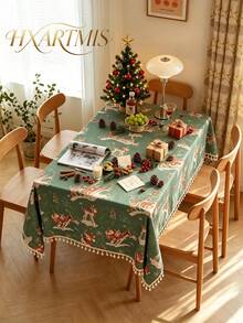 HXARTMIS 1pc Christmas Decoration New Arrival, Green Christmas Deer Print Tassel Tablecloth, Rectangular Christmas Tablecloth, Suitable For Christmas Home Decor, Christmas Gifts, Christmas Dining Table Decoration And More - Green - View 3