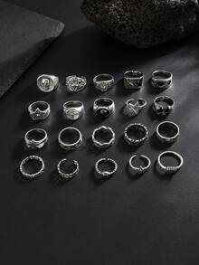 20pcs Fashion Street Punk Style Skull & Star Rings Set, Men's Daily Casual Wear - Antique Silver - View 5