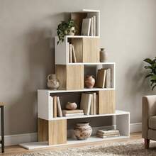 Estante de armazenamento geométrica de 5 níveis, ideal para escritório, sala de estar e quarto, em madeira branca e natural. - A - Ver 11