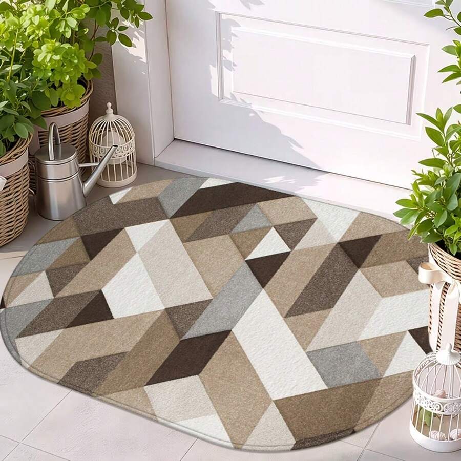 1pc Oval Flannel Doormat, Comfortable Soft Absorbent Non-Slip Machine Washable With Anti-Slip Backing, Geometric 3D Pattern, Suitable For Entrance, Living Room, Bedroom, Kitchen, Bathroom, Patio, Laundry Room, Hallway, Multi-Functional Home Floor Mat - Multicolor - View 1