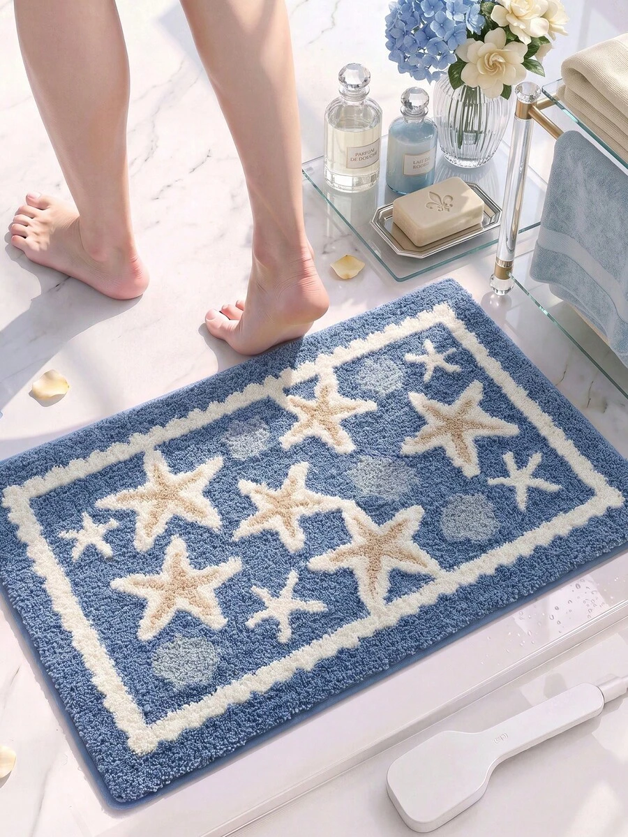DAJIANG 1PC Flocked Bathroom Anti-Slip Mat, Soft Starfish & Shell Pattern Carpet, Extra Thick Soft Bathroom Rug, All Season Fresh Style, Anti-Slip TPR Bottom, Absorbent, Easy To Clean, Machine Washable, Soft & Comfortable, Suitable For Home Living Room, Bathroom Sink, Bathtub, Shower, Sink, Home Decor, Fall Decor