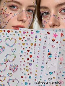 Rainbow 3D Glitter Gem Stickers, Sequin Heart & Star Stickers, Self-Adhesive Rhinestone Diamond Shape Design, Suitable For Makeup And Clothing, Multi-Color Diamond Face Gems, Perfect For Valentine's Day, Holidays, Parties And Events - Multicolor - View 11