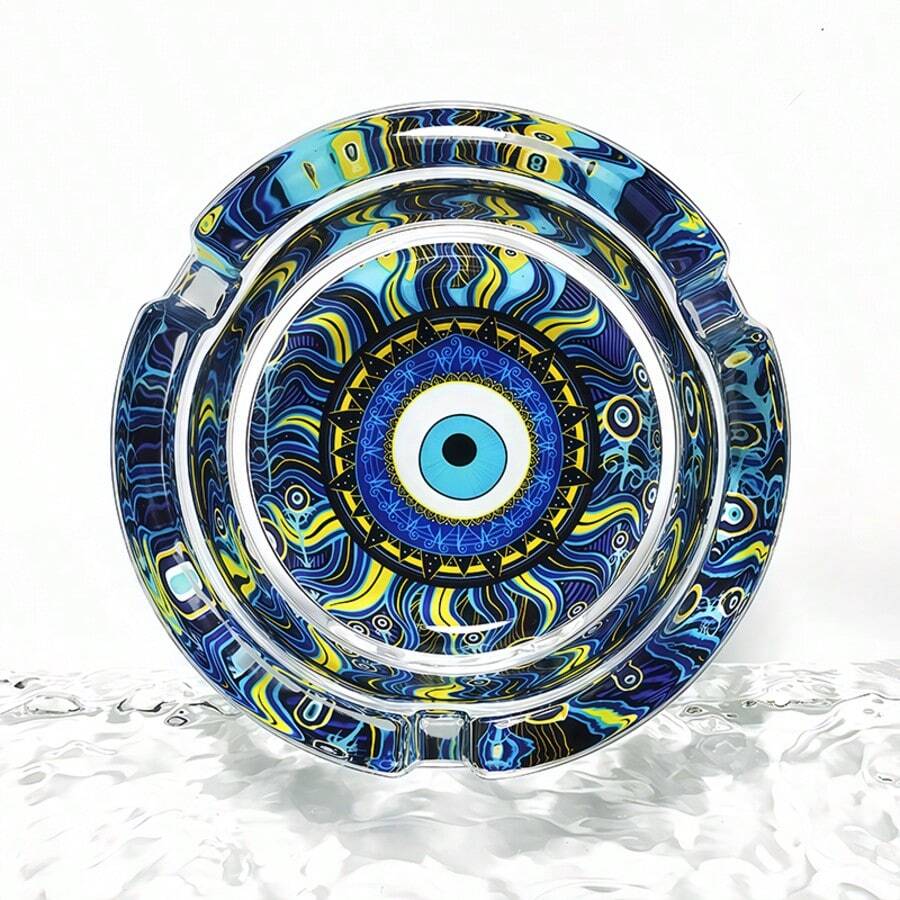 Creative Fashion Blue Eye Pattern Glass Ashtray, 3.34 Inch Round Ashtray, Bar Decor Home Decoration Ashtray, Gift For Friends - Colorful - View 1