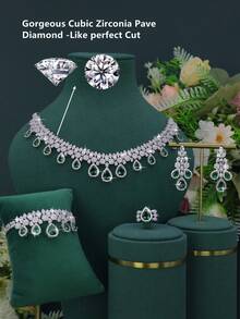 5pcs Handmade Inlaid Green Cubic Zirconia Luxury Elegant Series Water Drop Tassel Design Necklace Bracelet Earrings Ring Set Suitable For Women Daily Wear Wedding Party (Gift Box Packaging) - Water Droplet Design Set - View 4