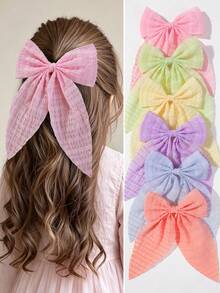 6pcs Kids Girls Solid Color Textured Chiffon Fabric Large Bow Hair Clips Hair Accessories Head Clips Back Of Head Clips Non-Damaging Hair Side Clips Alligator Hair Clips For Daily Use - Multicolor - View 8