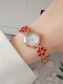 Women's Rose Gold Quartz Watch With Red Flower Bracelet Band, Rhinestone Studded Small Dial Wristwatch, Christmas Birthday Gift For Her - Red - View 4