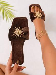 New Women's Popular Summer Fashion Minimalist Solid Color Suede With Metal Sunflower Decor Slip-On Square Toe Flat Brown Sandals - Brown - View 5