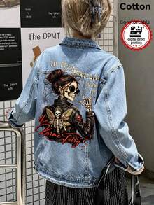 Women's Light Color Denim Jacket, Featuring "Skull Girl" Graphic Design, White Ink Direct Print, Vintage Wash, Loose Fit - Light Denim Blue - View 1