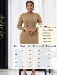 NOU Women's Mid-Length Asymmetrical Shoulder Long Sleeve Button Waist Cinched Bodycon Pencil Dress - Khaki - View 6