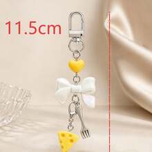 1pc/2pcs Women's Food-Inspired Imitation Cheese Resin Pendant Heart Beads Bow Fork Charm Keychain Gift For Friends Besties Cute Bag Accessory - Multicolor - View 3