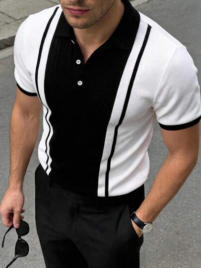Polo da uomo in maglia 100% cotone con blocchi di colore – maniche corte, strisce a contrasto, top smart casual