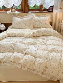 3pcs 100% Polyester 2026 New Collection Girl's Heart Series Aesthetic Romantic Green Ditsy Floral Ruffle Down Comforter Set, 2 Ruffle Pillowcases + 1 Ruffle Duvet Cover Set Combination (No Bed Sheet) - Gentle South Wind - View 4