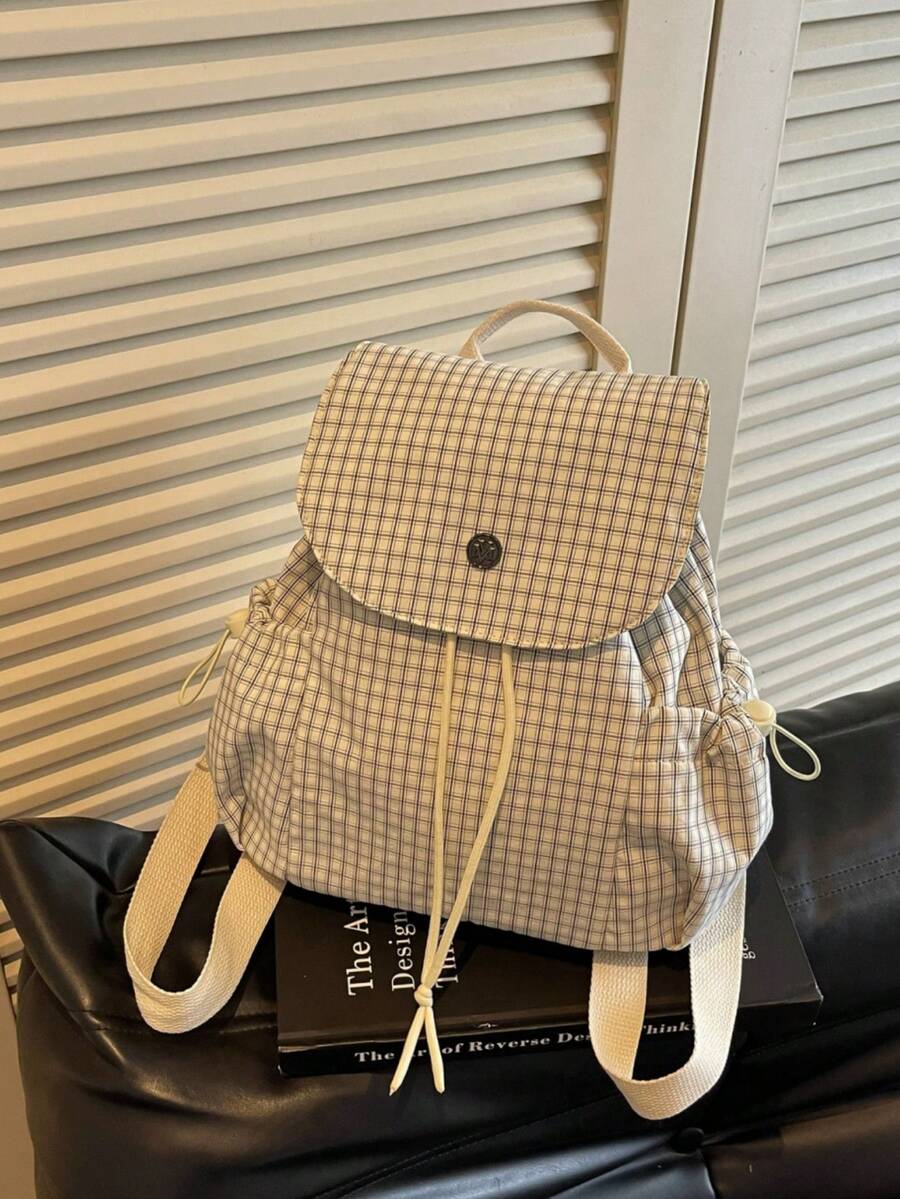 Japanese Style Fine Plaid Drawstring Buckle Backpack, Fresh Literary Small Bag, Daily Commute School Casual Backpack - Multicolor - View 1