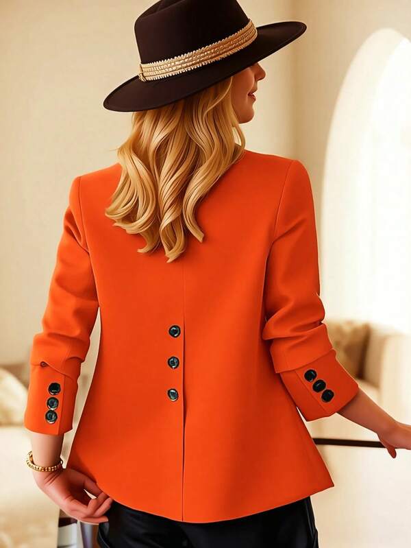 HOMEYEE Plus Size Blazer Jacket With Lapel Collar, Long Sleeve, Pockets, Back Slit, Vintage Elegant Casual Formal Business Wear Spring Fall
