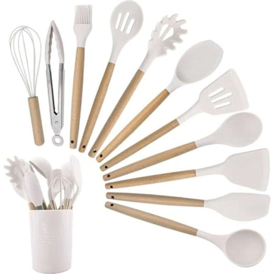 Lot de 12 Ustensiles de cuisine en silicone, résistants à la chaleur, antiadhésifs, passent au lave-vaisselle, ergonomiques, - couleur comme sur la photo - Voir 1