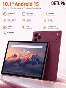 Qetupa 10.1" Android 15 Tablet, Octa-Core 2.0GHz, 4GB RAM 64GB/128GB ROM, 1280*800 HD IPS Touch Screen, BT5.2, WiFi5, GPS, 5MP Front 13MP Rear Camera, 6000mAh Battery, No SIM Card Support(No Adapter) - Red - View 1