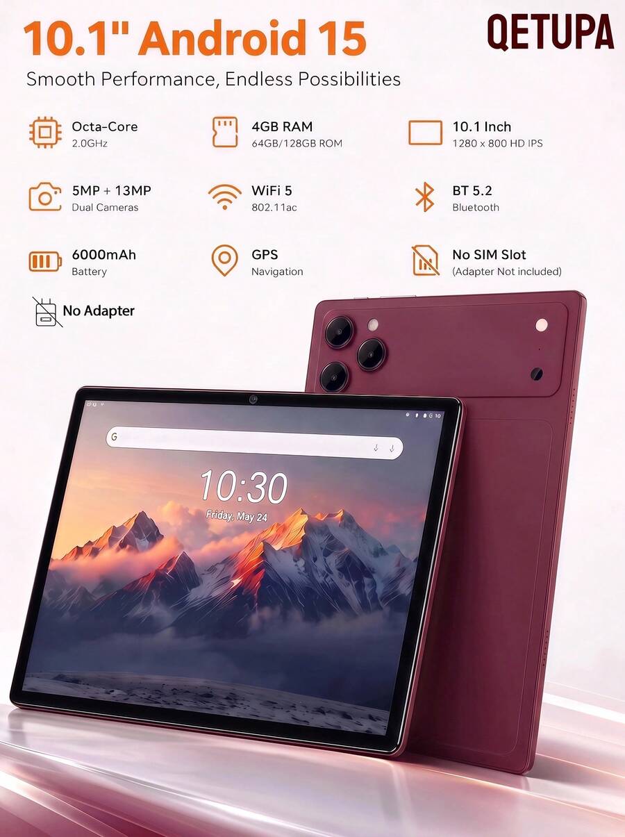 Qetupa 10.1" Android 15 Tablet, Octa-Core 2.0GHz, 4GB RAM 64GB/128GB ROM, 1280*800 HD IPS Touch Screen, BT5.2, WiFi5, GPS, 5MP Front 13MP Rear Camera, 6000mAh Battery, No SIM Card Support(No Adapter) - Red - View 1