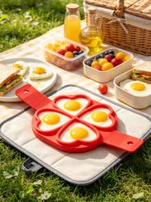 2 buah Alat Perebus Telur Silikon Berbentuk Hati dengan 4 Lubang - Warna Merah - Alat Masak Anti Lengket - Cocok untuk Pancake, Sandwich, dan Sarapan - View 5