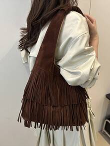Solid Color Suede Matte Women's 2026 New Tassel Shoulder Bag, Fashionable Large Capacity Practical Tote Bag, Versatile Underarm Bag - Coffee Brown - View 3