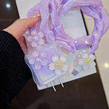 Girl Heart Purple 3D Flower Charging Head Case, Pearlescent Gauze Data Cable Protector Rope, 4pcs Anti-Breakage Decorative Set - Mauve Purple - View 5