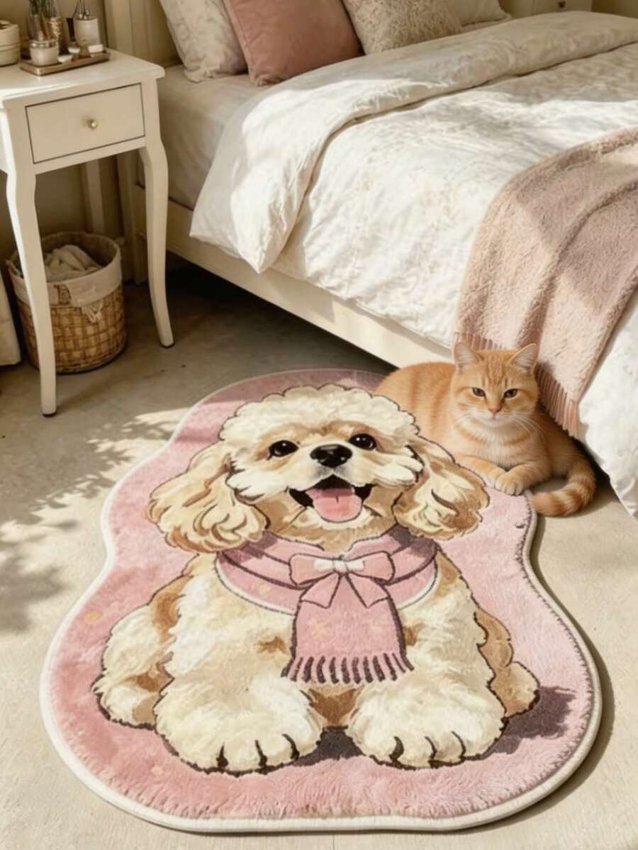 1pc Pink Bow Scarf Puppy Shaped Rug, Faux Cashmere, Bathroom Mat, Bathroom Carpet, Door Mat, Small Rug, Carpet, Floor Mat, Home Decor, Area Rug, Outdoor Mat, Home Decor, Area Carpet, Bedroom Carpet, Washable Rug - Pink - View 1