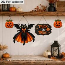 2D Flat, 4pcs/Set Wooden Hanging Signs For Doors, Windows, Fireplaces And Wall Decor, Pumpkin And Bat Decorations, Trick Or Treat Door Sign, Asymmetrical Shaped Hollow Bat - A - View 4