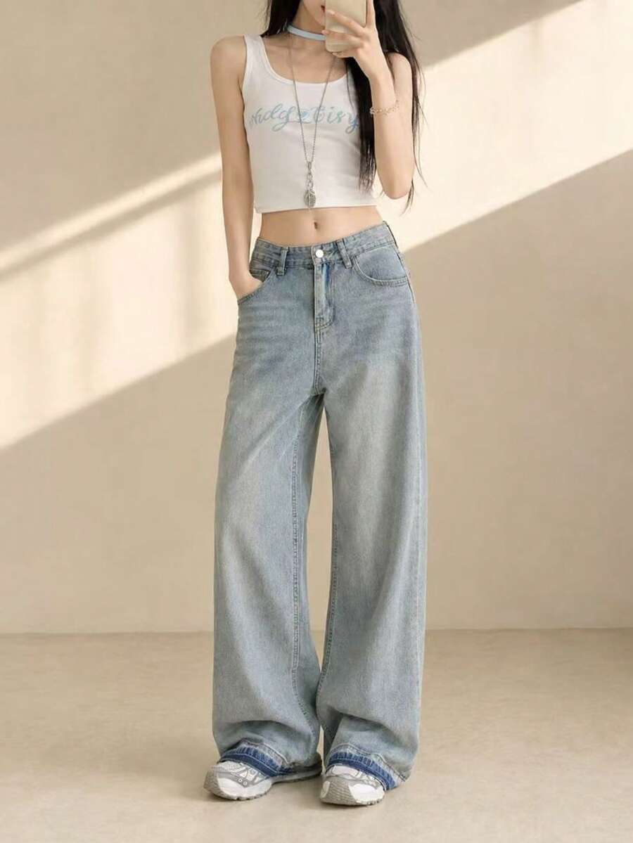 YEAE | Casual Versatile American Style High Waist Straight Leg Floor Length Jeans - Light Wash - View 1