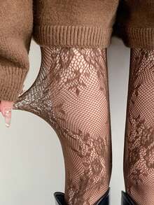 1 Pair Retro‑Patterned Stockings, Sheer Floral Lace Jacquard Tights, Stretchy Run‑Resistant, Multiple Colors, Ideal Gift For Best Friend - Multicolor - View 9