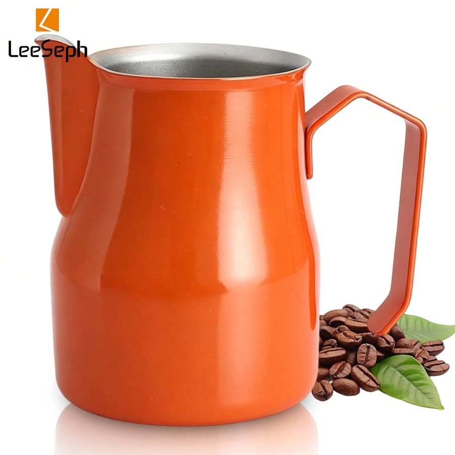 L LEESEPH Stainless Steel Milk Frothing Pitcher 30oz/900ml - Espresso Steam Pitcher, Suitable For Cappuccino, Latte Art, Coffee Machine Accessory Milk Pitcher Coffee Frothing Cup, Orange - Multicolor - View 1
