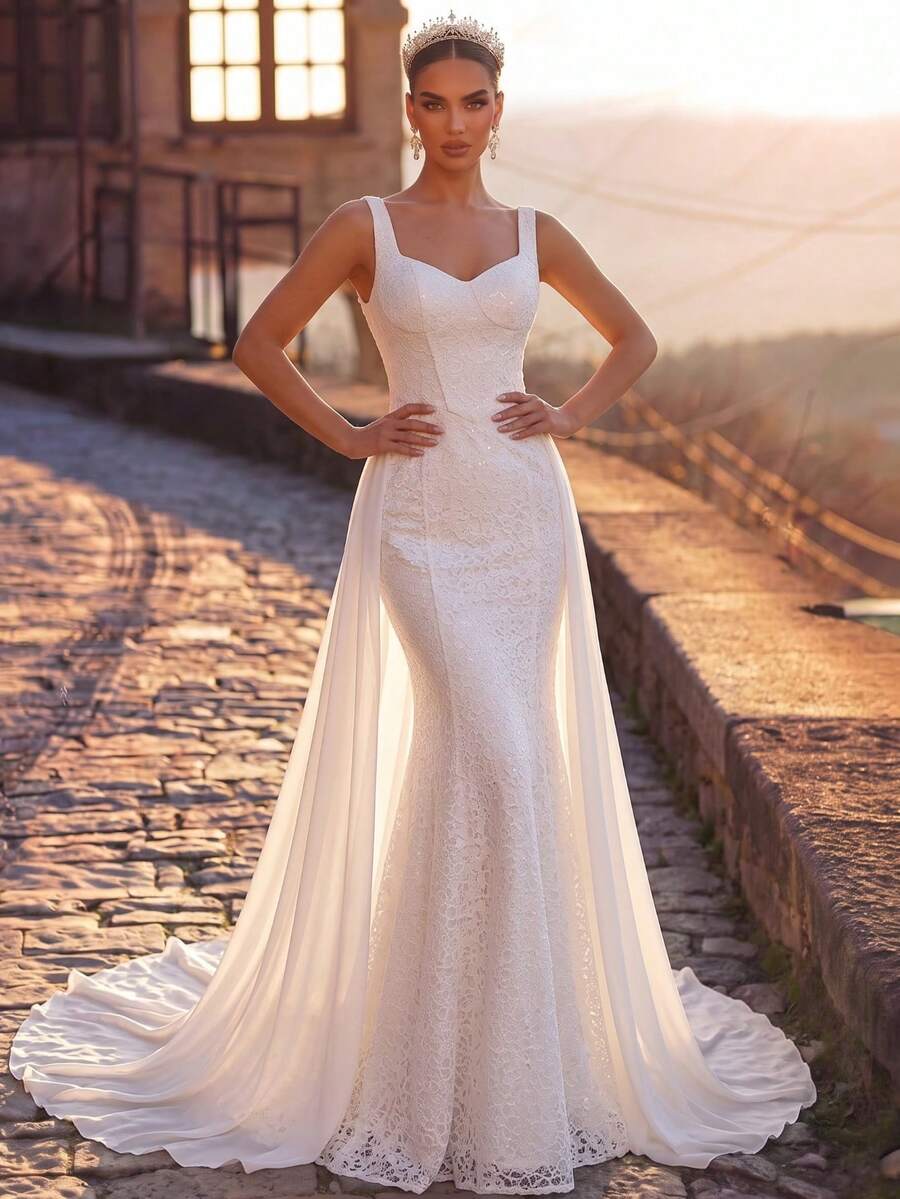 EVERPRETTY Luxury Sequin White Wedding Dress Elegant Square Neck Sleeveless Romantic Gown Flowing Chiffon White Wedding Suitable For Palace Church Garden Wedding - White - View 1