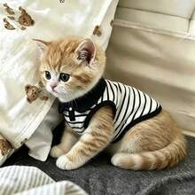 1PC Pet Striped Polo Shirt Cute, Casual, Comfortable, Breathable Cat/Dog Vest Pet Clothing - Black and White - View 6