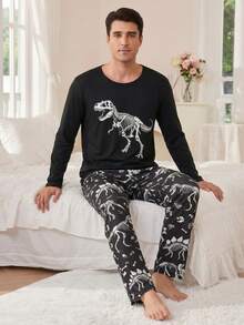 Men's Fun Home Set - Dinosaur Skeleton Print Long Sleeve T-Shirt + Black Dinosaur Fossil Pattern Pants, Casual 2-Piece Pajama Set, Perfect For Relaxing - Black - View 3