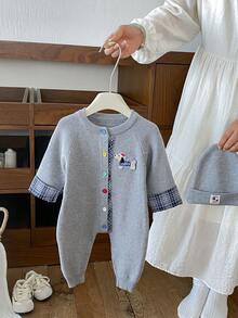 Baby Girl INS Minimalist Gray Knit Plaid 2 In 1 Contrast Button Puppy Patch Long Sleeve Jumpsuit - Grey - View 2