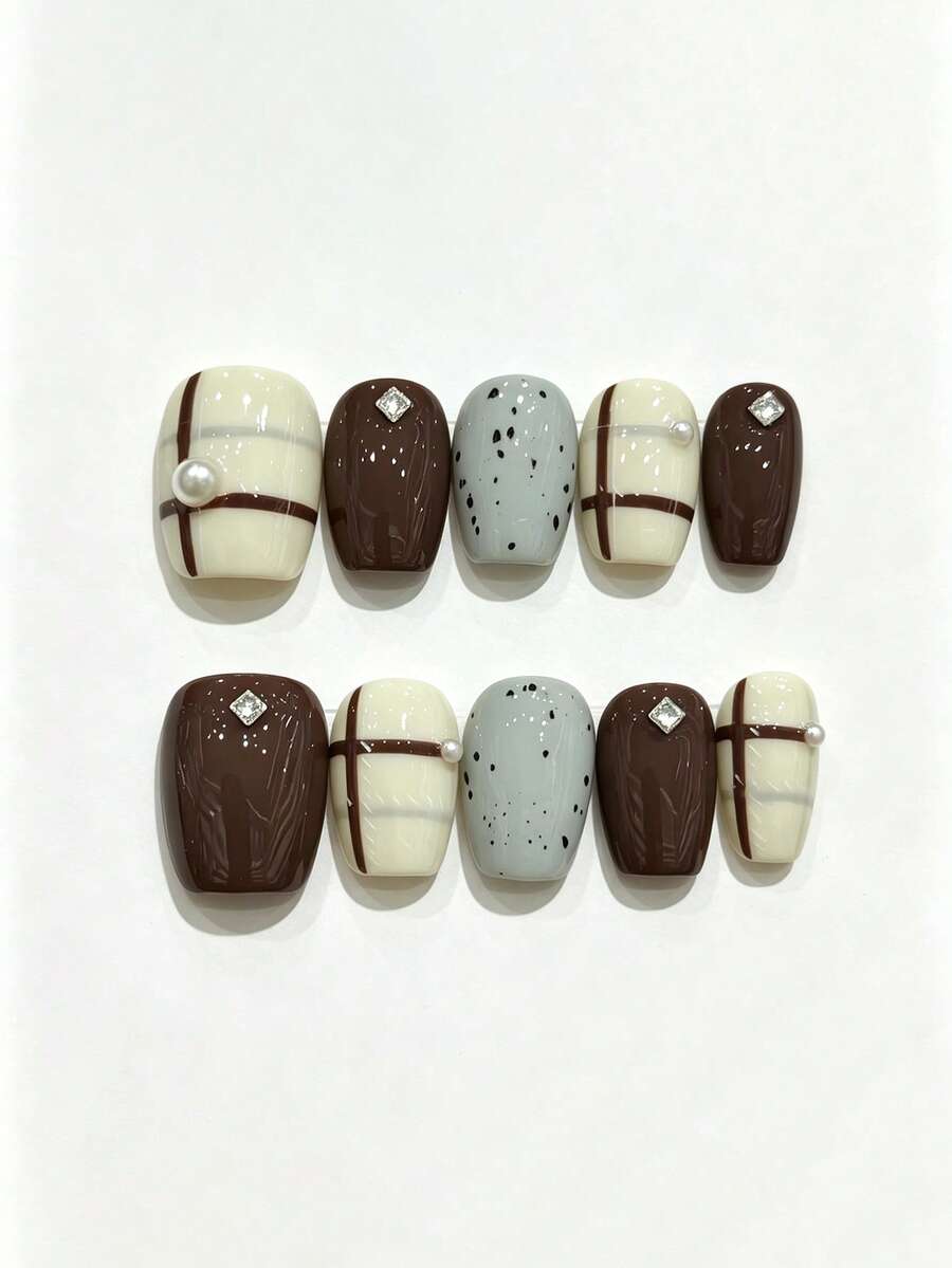 10pcs Pure Handmade Short Square Press On Nails, Retro Elegant Style, Brown Plaid Lines, Grey Speckled Design, Pearl & Square Rhinestone Decorations For Women And Girls, Spring Summer Fall Winter Festivals Party And Daily Life Use - Brown - View 1