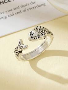 1pc Vintage Koi Fish Ring, Jumping Carp Personalized Minimalist Distressed Adjustable Finger Ring - Antique Silver - View 7