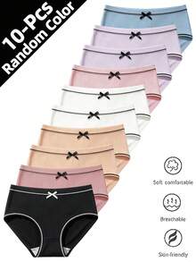 10pcs Girls Fashion Bow Decor Ribbed Colorful Triangle Panties, Comfortable Fitted Underwear For Tween Girl - Multicolor - View 1