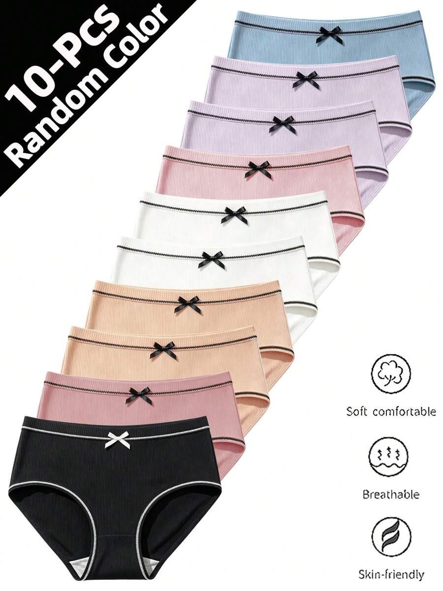 10pcs Girls Fashion Bow Decor Ribbed Colorful Triangle Panties, Comfortable Fitted Underwear For Tween Girl - Multicolor - View 1